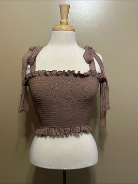 Mimosa Smocked Tie-Strap Crop Top in Taupe